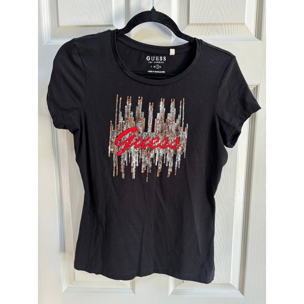 GUESS Womens Black‎ Sequin Embroidered Logo Cap Sleeve T-Shirt Large Bling Glam